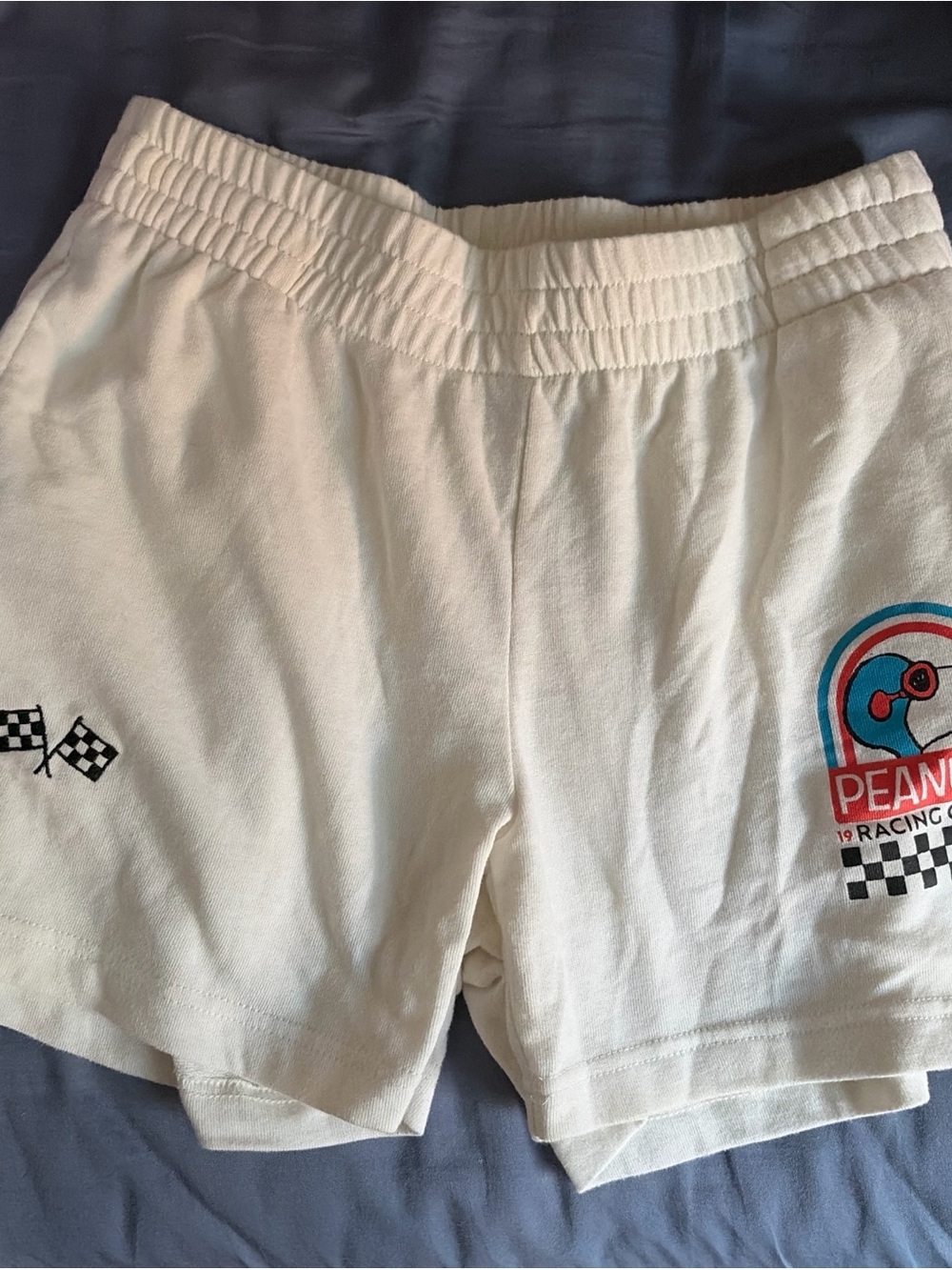 Peanuts White Women's Racing Graphic Elastic Waist Shorts